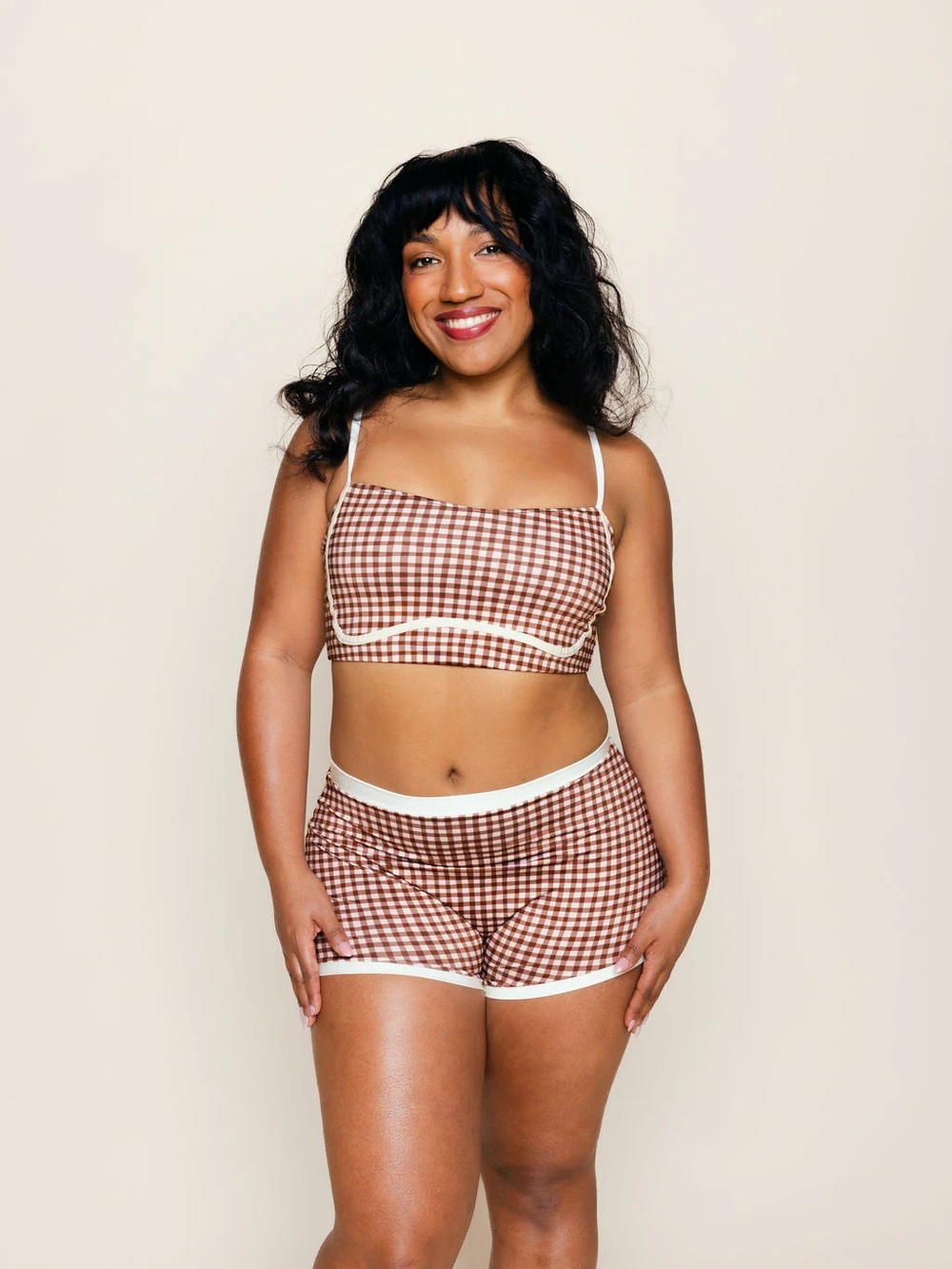 Two Piece Swim Bandeau with Piping Top and Boyshort Swim Bottoms